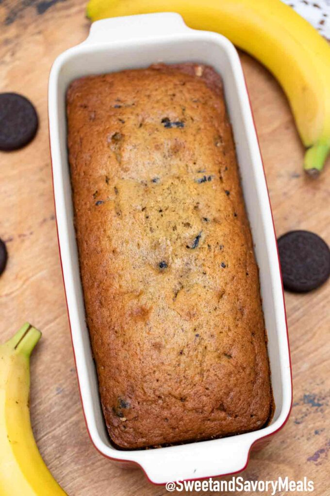 Oreo banana bread in a loaf pan