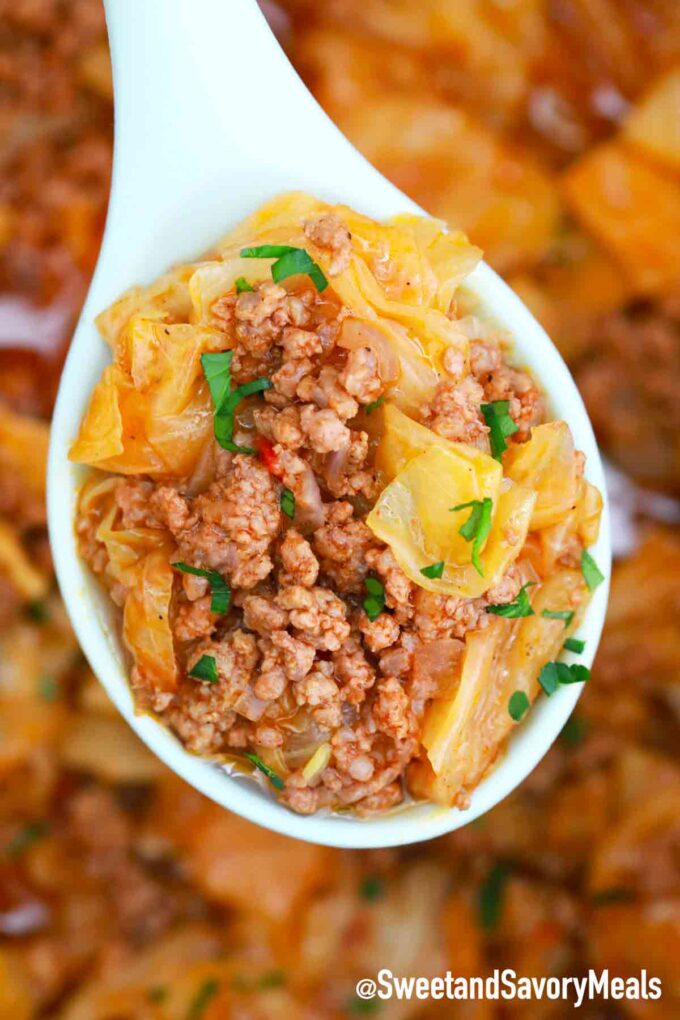 instant pot cabbage stew with ground beef on a spoon