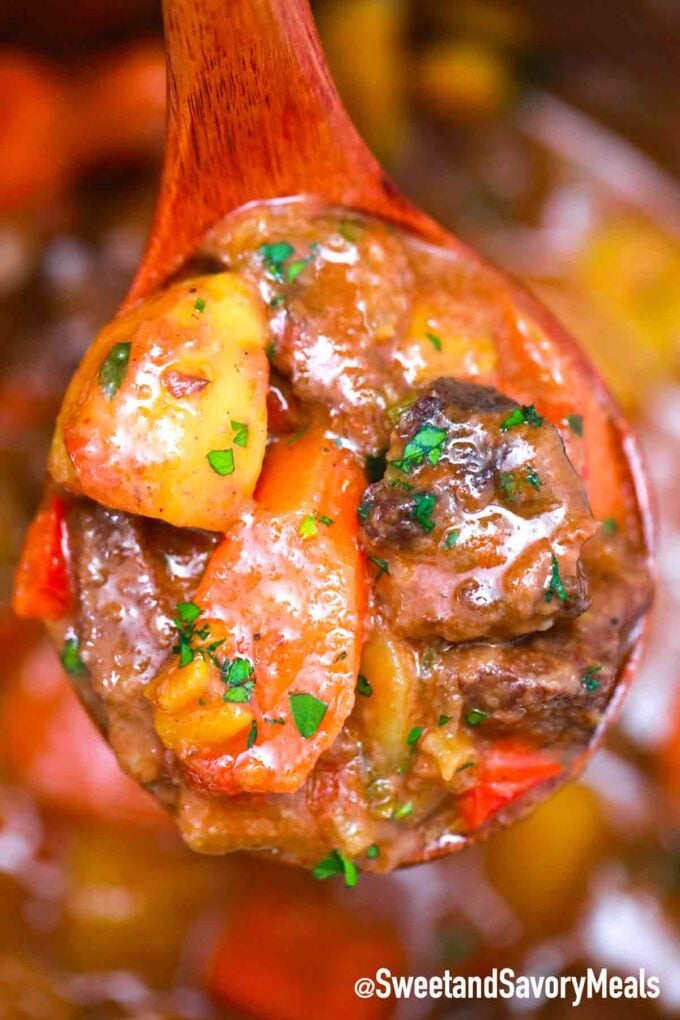 instant pot Mexican beef stew in a ladle