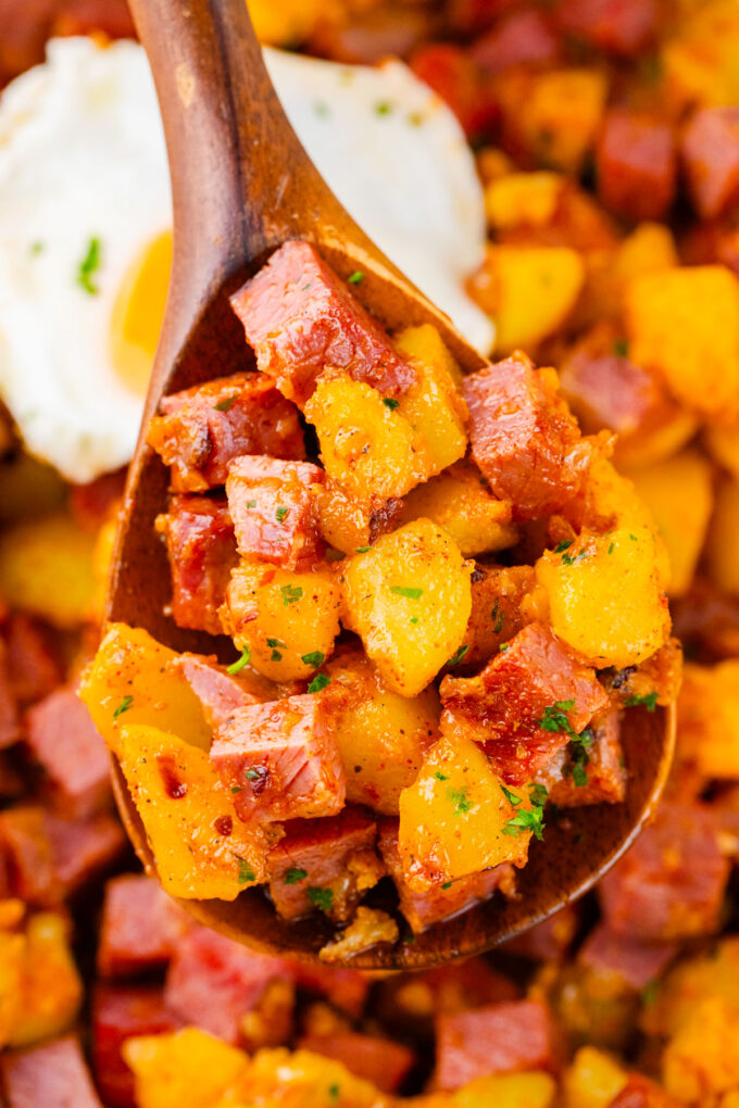 A spoonful of homemade corned beef hash.