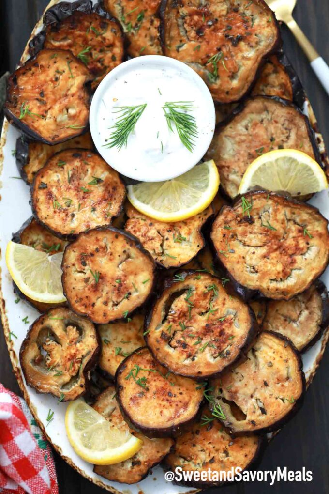 air fryer eggplant on a serving plate