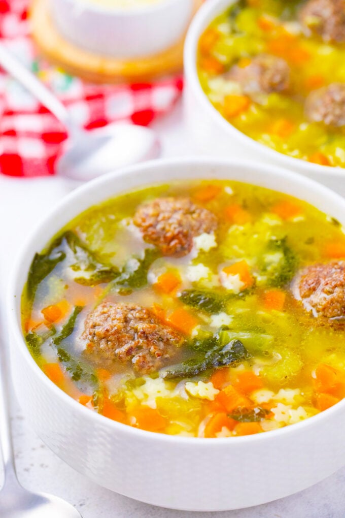 A bowl of homemade crockpot Italian wedding soup.