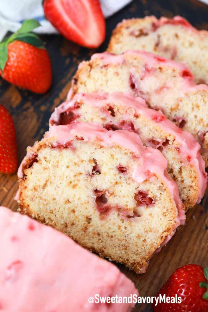 sliced strawberry bread with strawberry icing