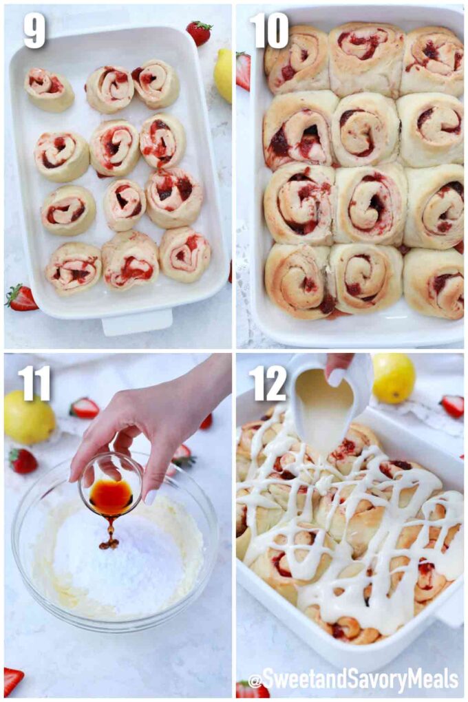 steps how to make cream cheese icing and arrange strawberry rolls in a baking dish