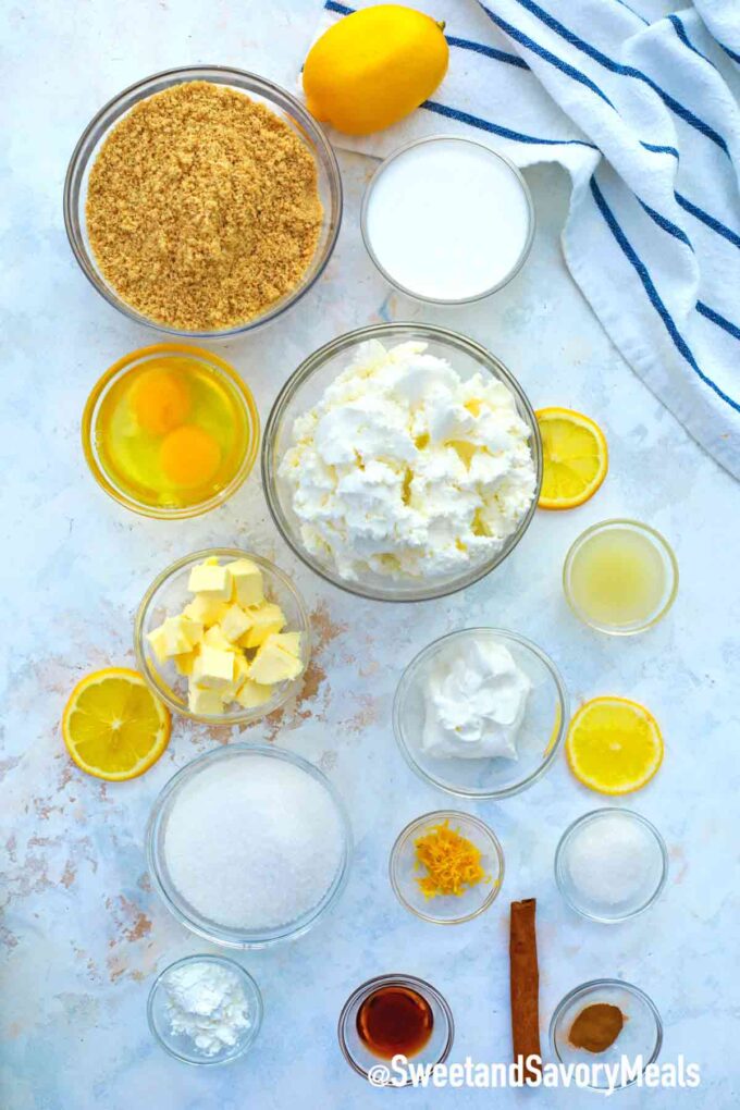 instant pot Meyer lemon cheesecake ingredients arranged in bowls on a table