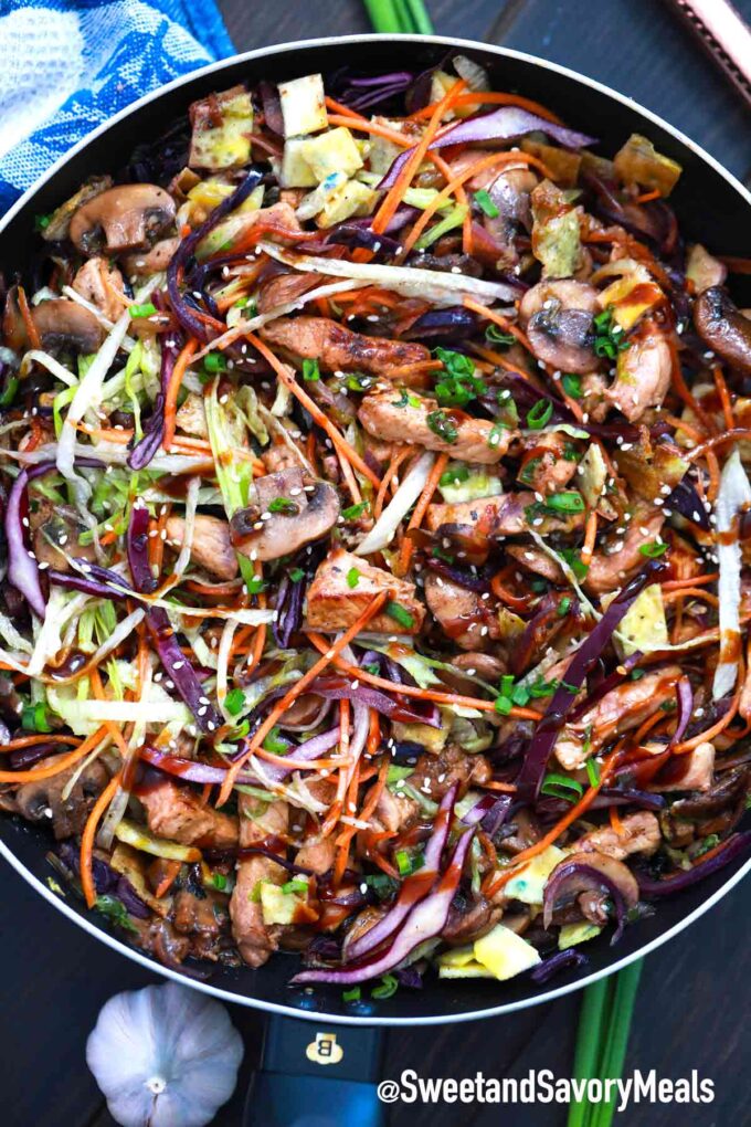 Moo Shu pork in a frying pan