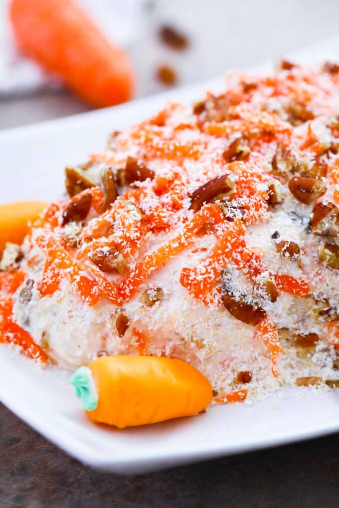 Close shot of carrot cake cheese ball made with cream cheese.