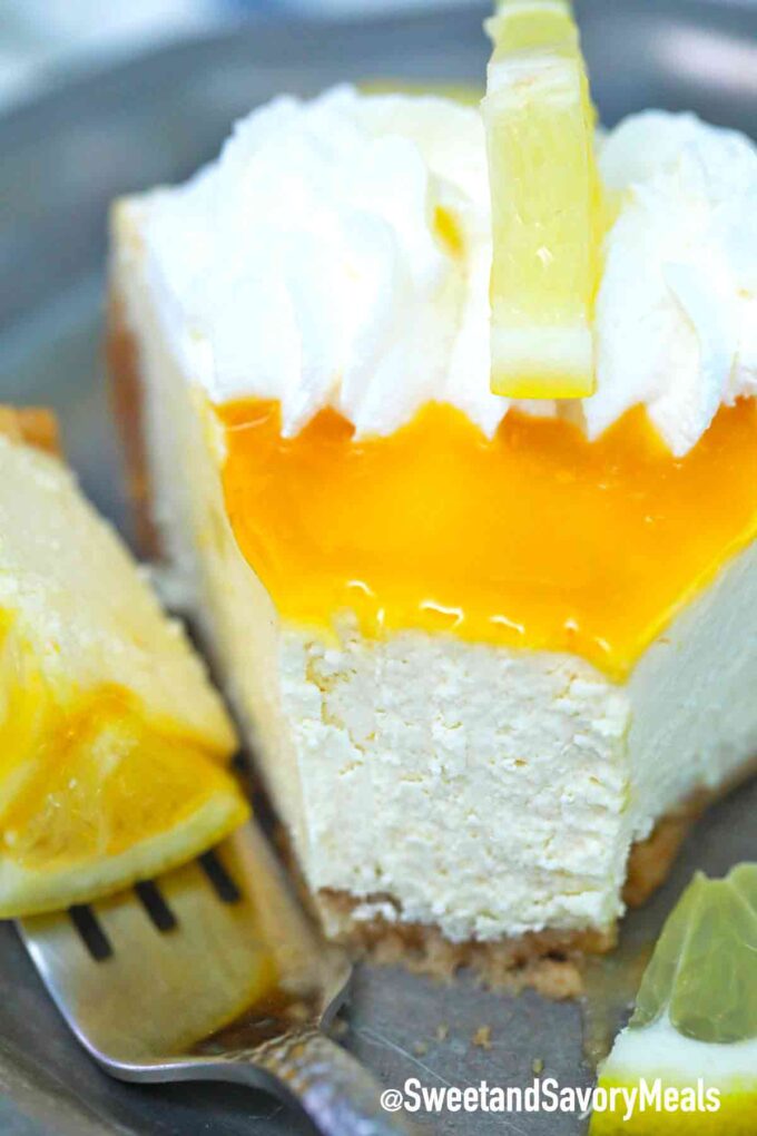 rich and creamy slice of Meyer lemon cheesecake