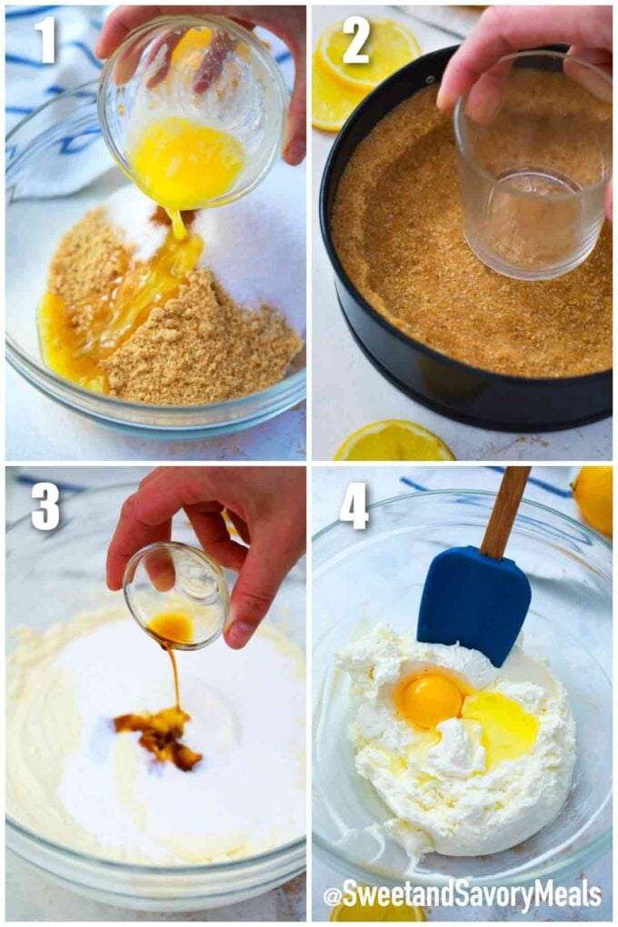 collage of photos showing how to make instant pot Meyer lemon cheesecake