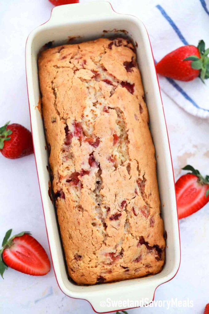 baked strawberry bread in a loaf pan