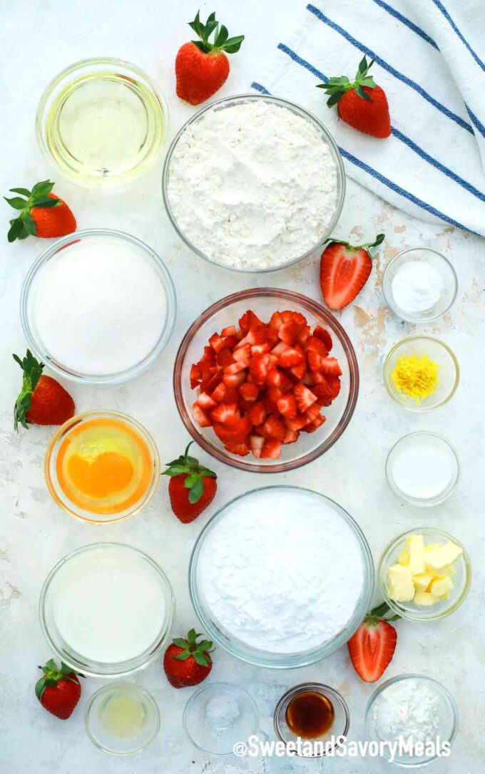 strawberry bread ingredients in bowls on a table