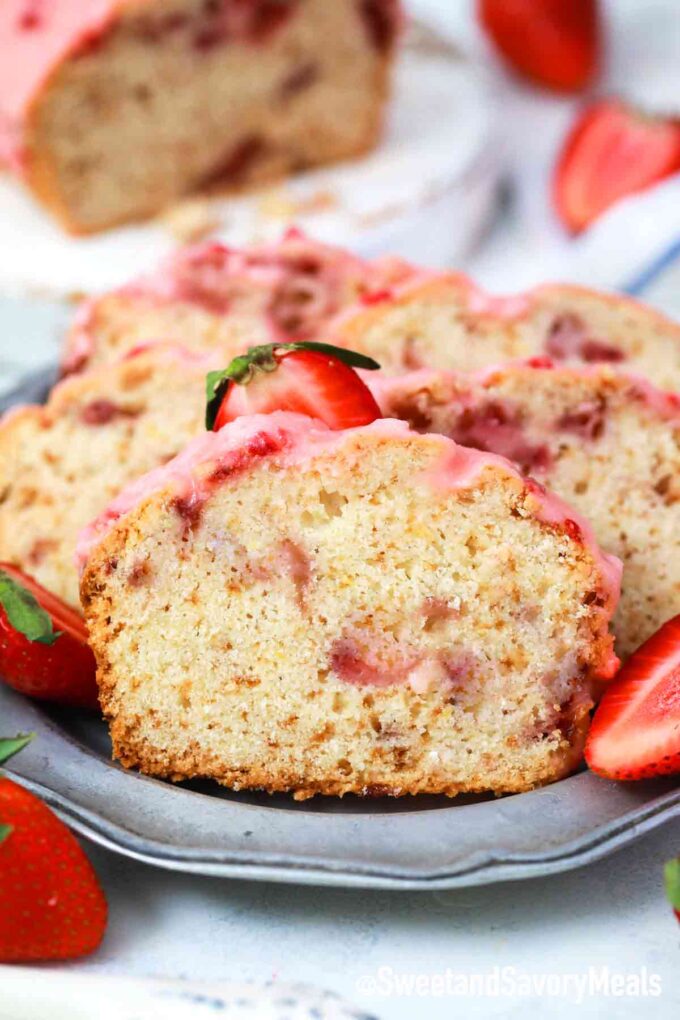 sliced strawberry bread with strawberry glaze