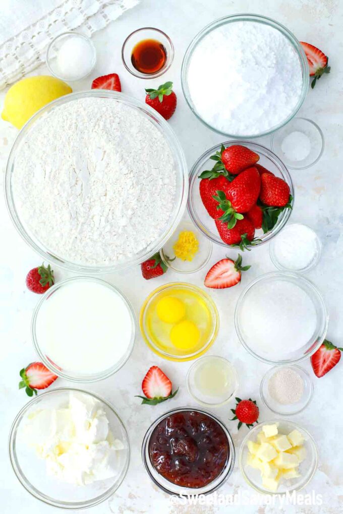 strawberry rolls ingredients in bowls on a table