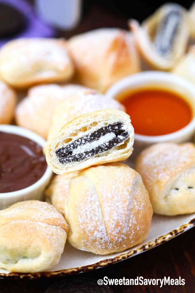 air fried Oreos with caramel and chocolate sauce