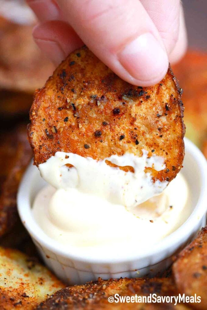 air fryer potato chip dipped in sauce