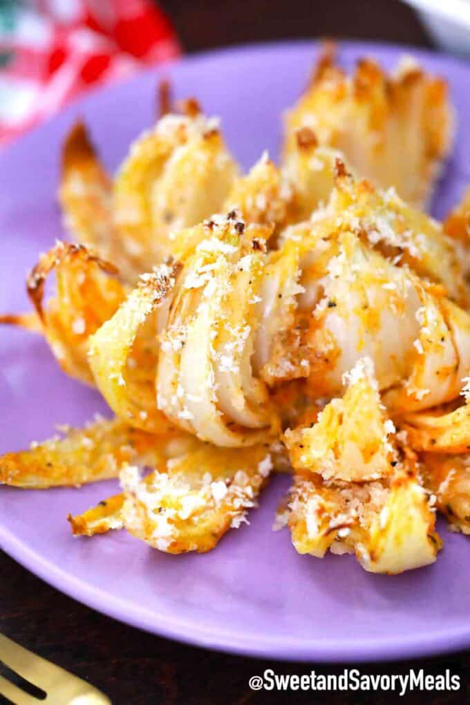 Crispy blooming onion on a plate with panko breadcrumbs