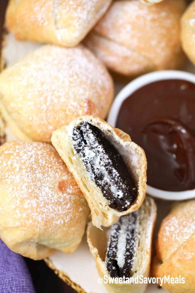 air fried Oreos with chocolate sauce