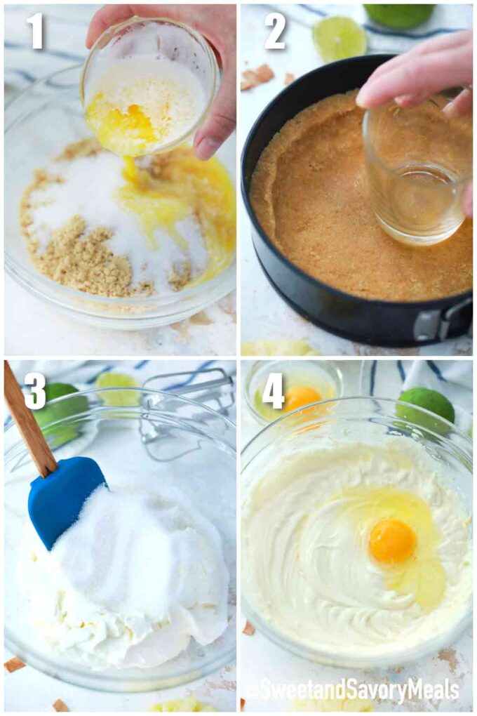 collage of photos showing the steps how to make instant pot Pina Colada cheesecake