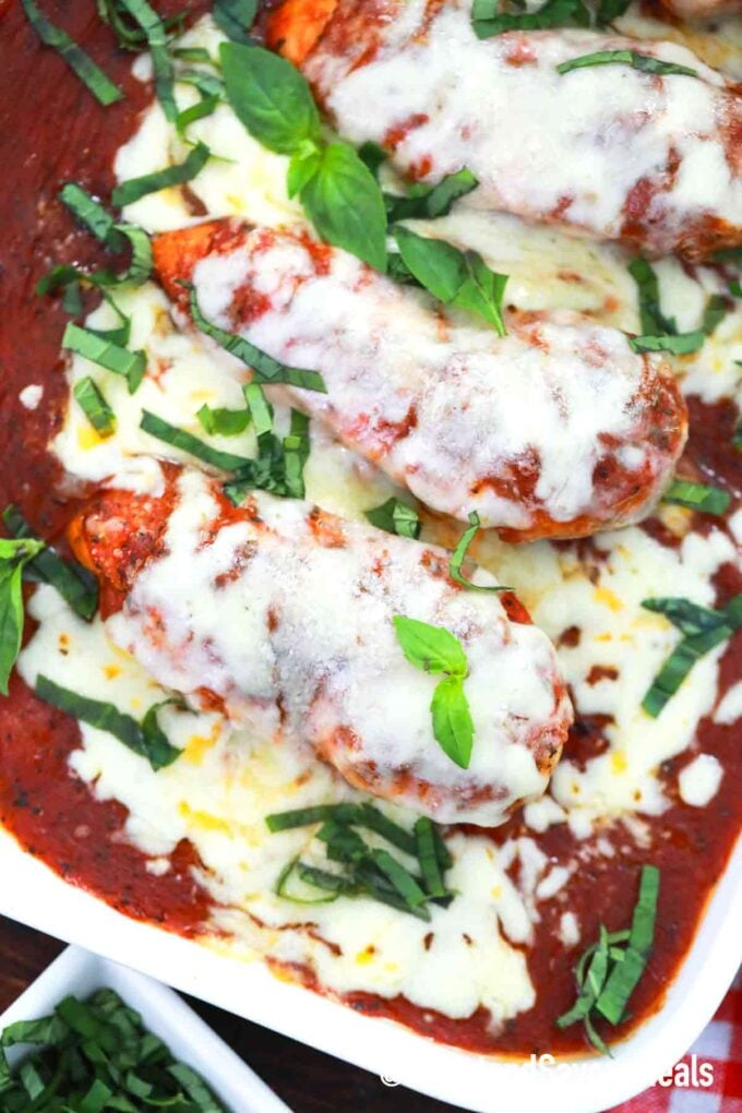 instant pot chicken parmesan on a baking dish