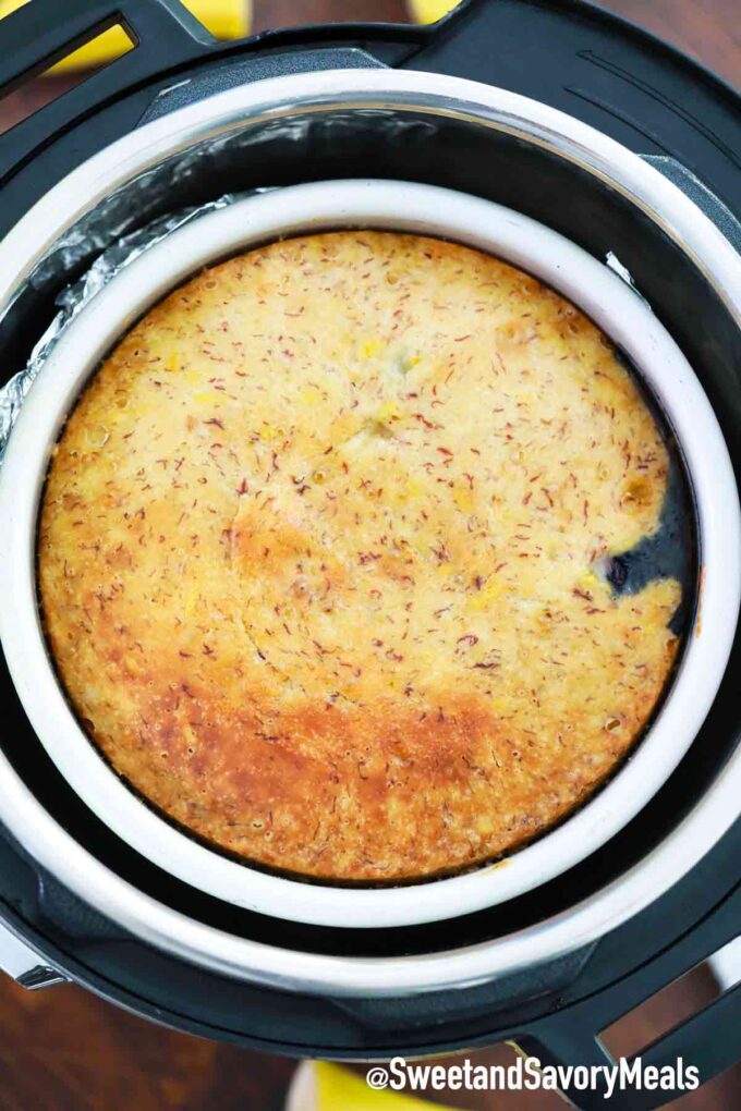 instant pot lemon blueberry banana bread in the pot