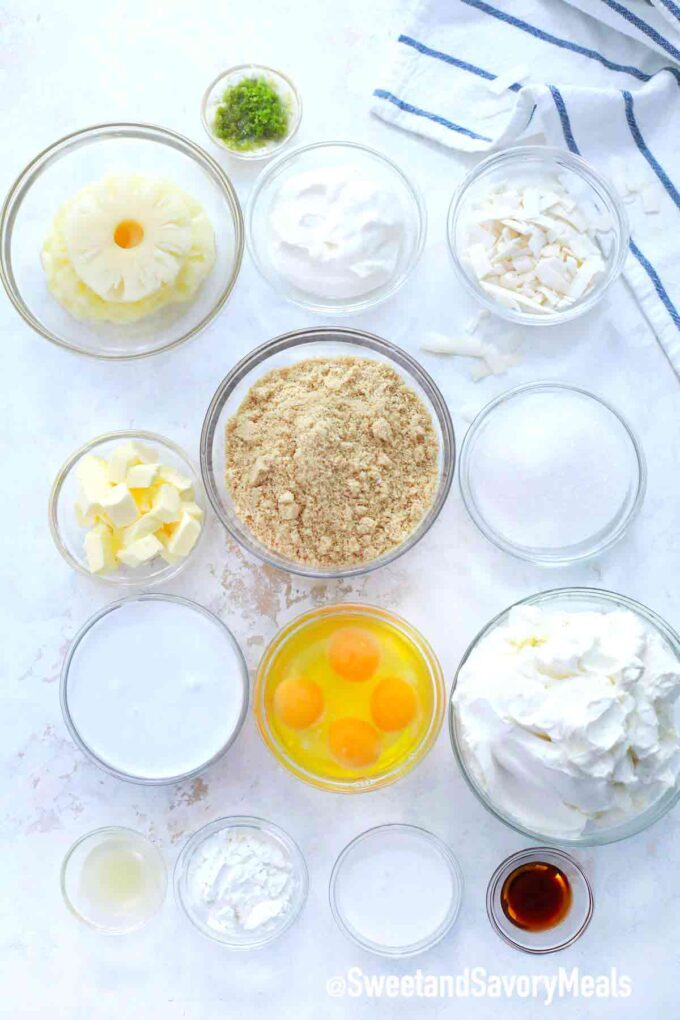 instant pot Pina Colada cheesecake ingredients in bowls on a table