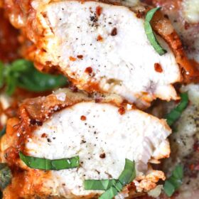 instant pot chicken parmesan cut in half