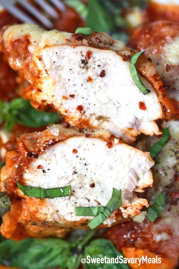 instant pot chicken parmesan cut in half