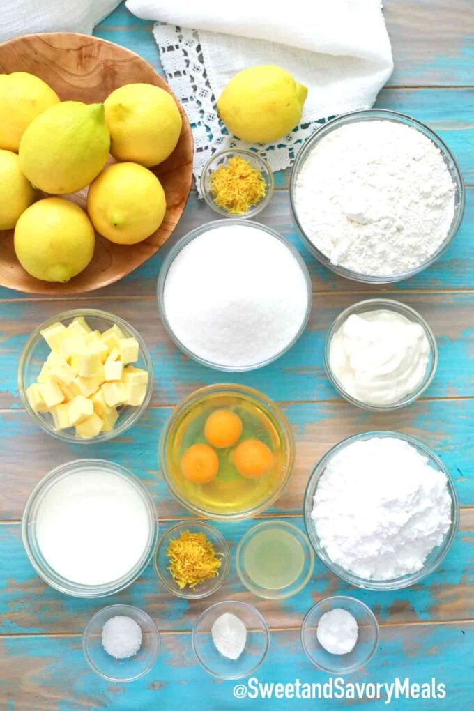 lemon pound cake ingredients on a blue table