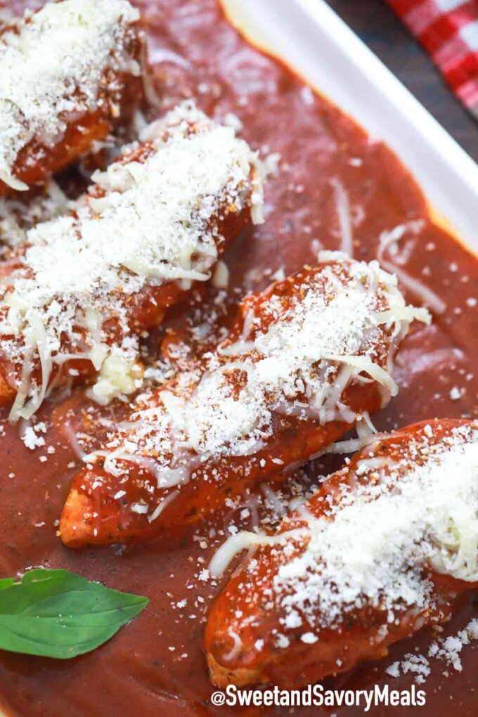 pressure cooker chicken parmesan on a baking dish with cheese