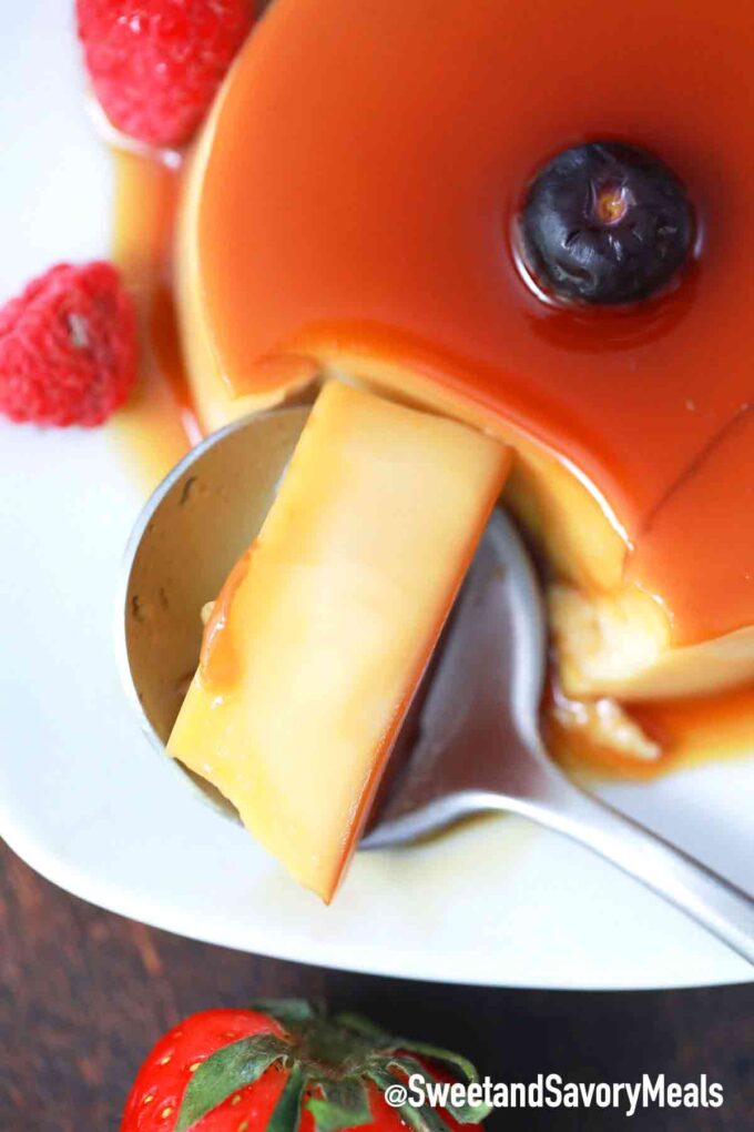 creme caramel on a spoon