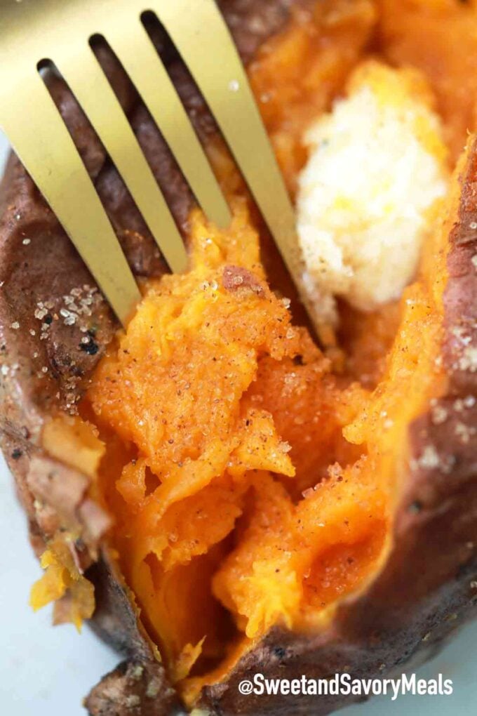 tender air fryer sweet potatoes topped with butter