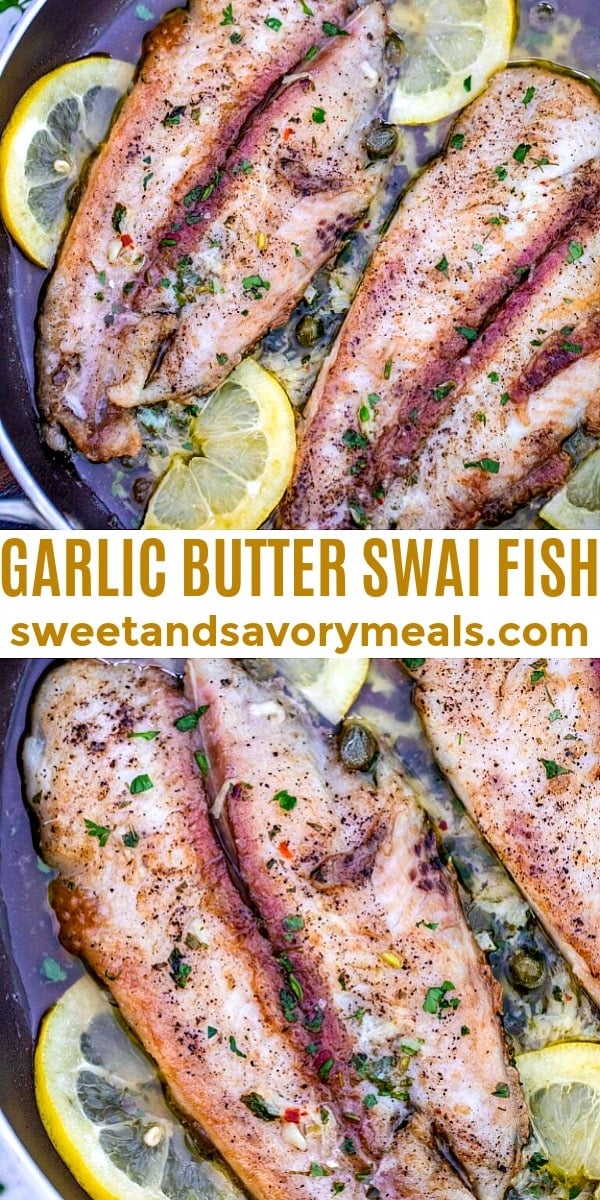 easy garlic butter swai fish photo collage with text overlay for Pinterest