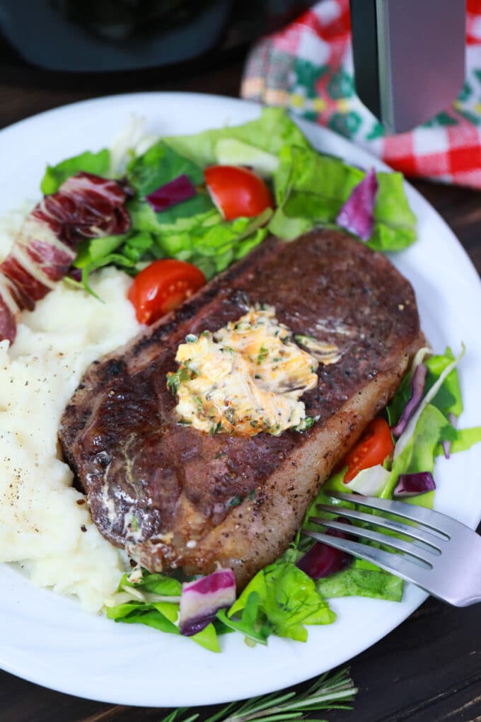 air fryer ribeye steak with salad