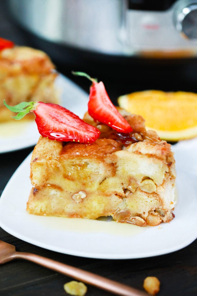 A slice of creamy Instant Pot bread pudding