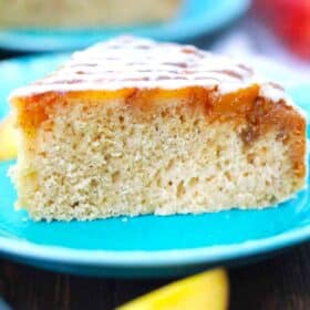 slice of peach upside down cake