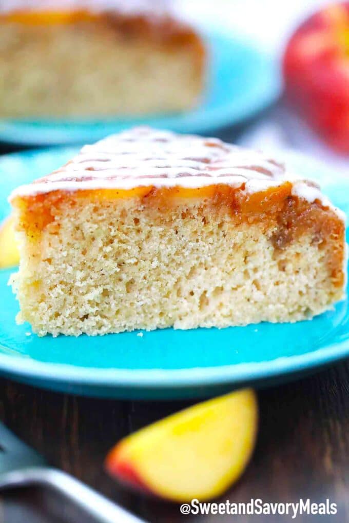 slice of peach upside down cake