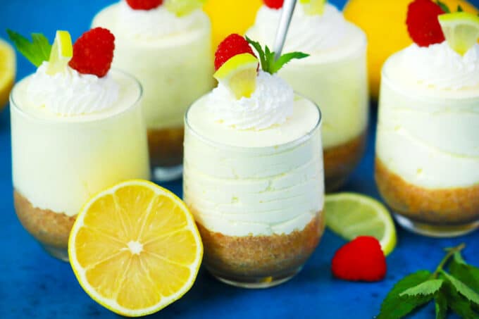 Jars with homemade lemon mousse.