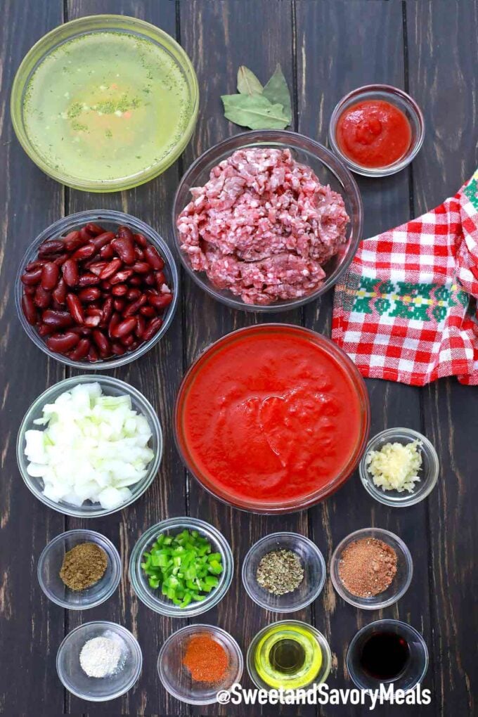 instant pot mexican chili ingredients on a wooden table