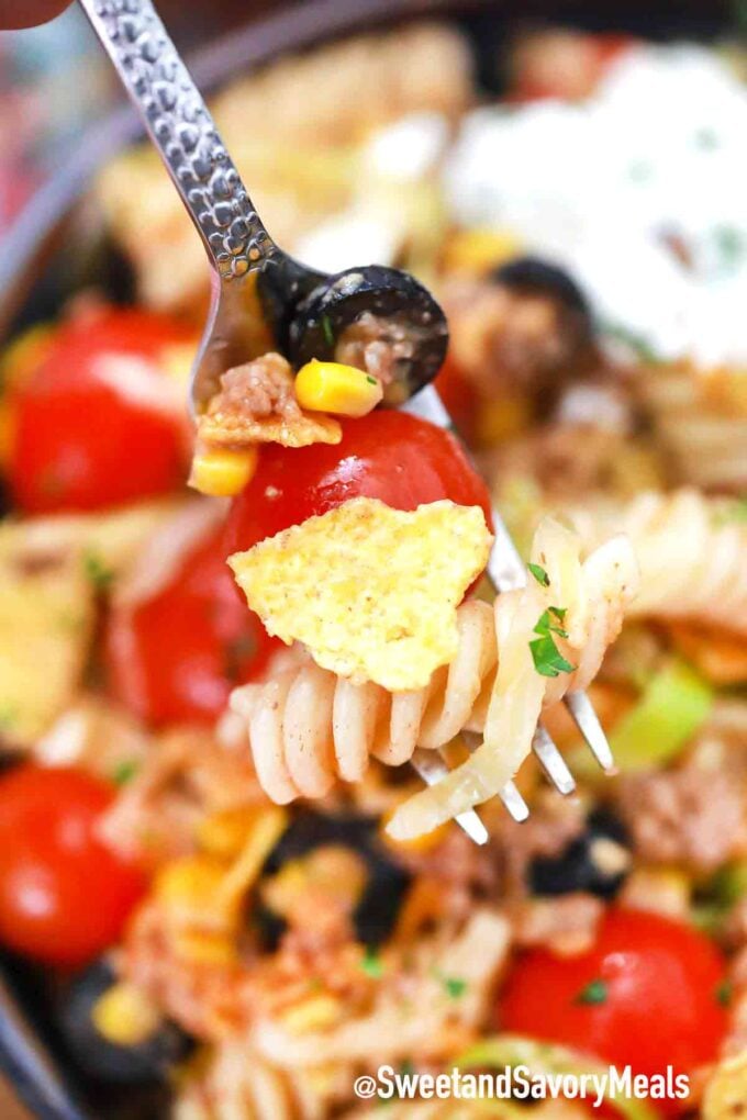 taco pasta salad on a fork