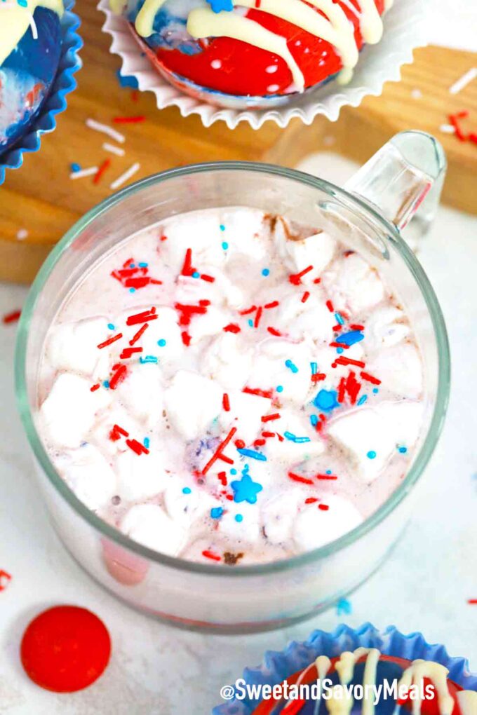 patriotic hot cocoa bomb in milk