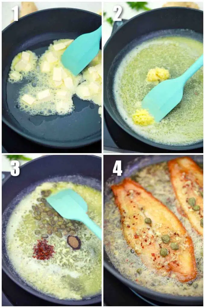 photo collage of steps how to make garlic butter wai fish