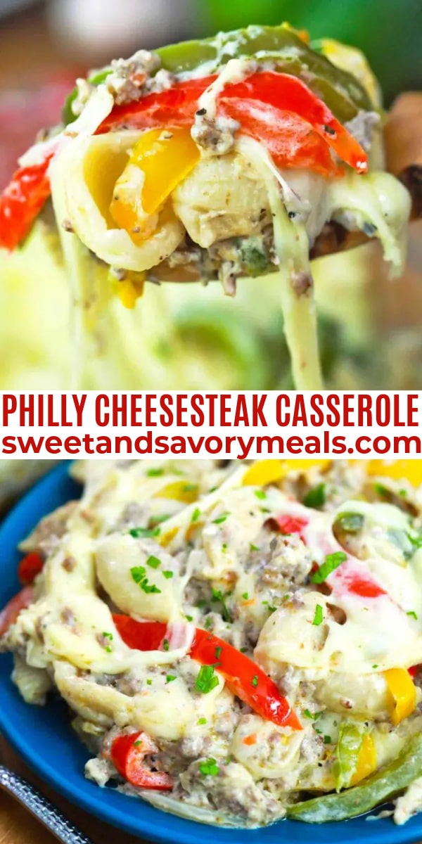 easy philly cheesesteak casserole pin