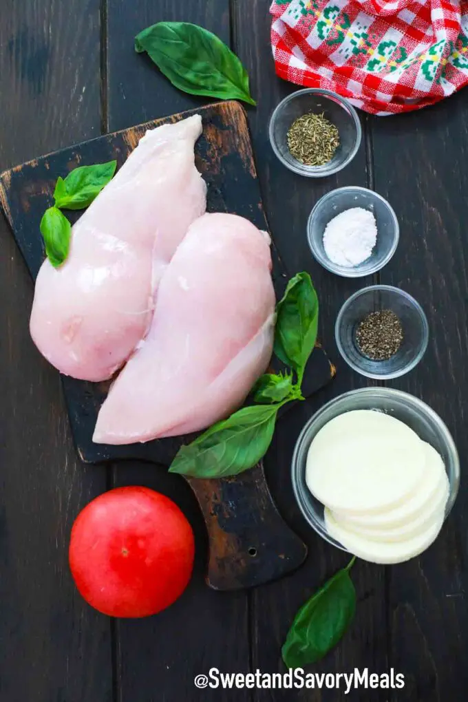 air fryer caprese chicken ingredients on a wooden table