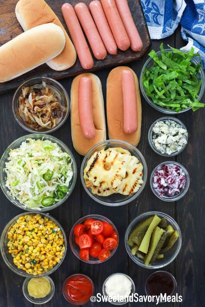 air fryer hot dogs ingredients on a wooden table