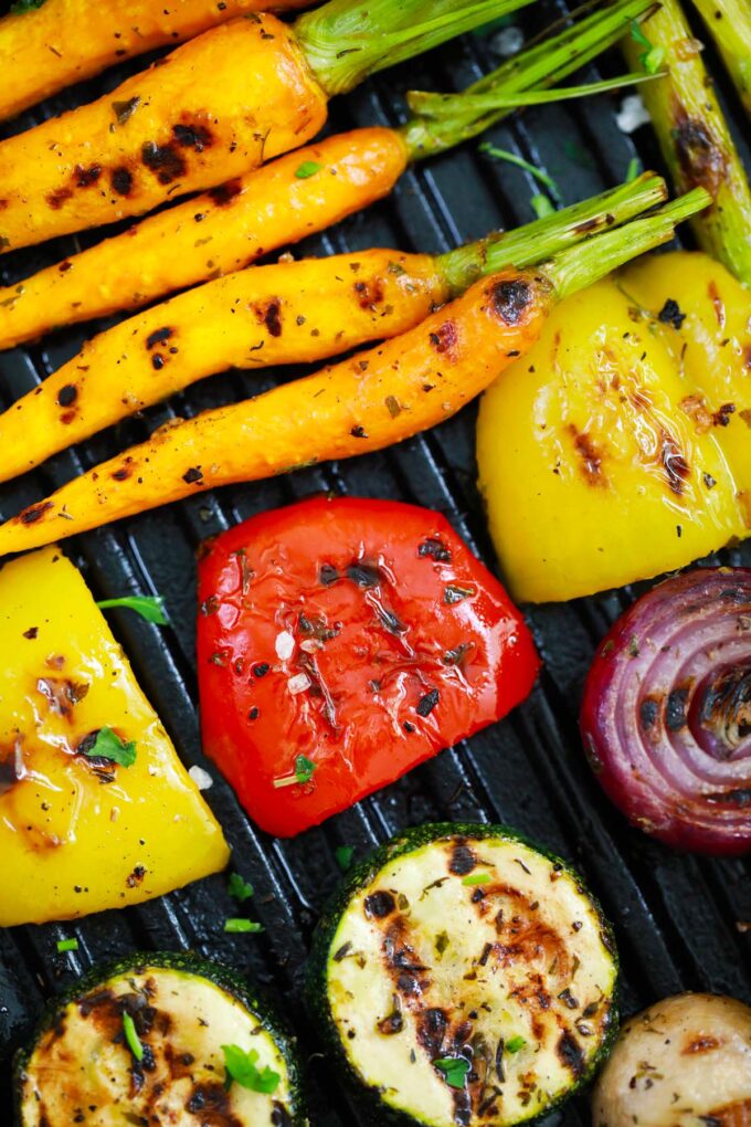Grilling vegetables on a grill pan.