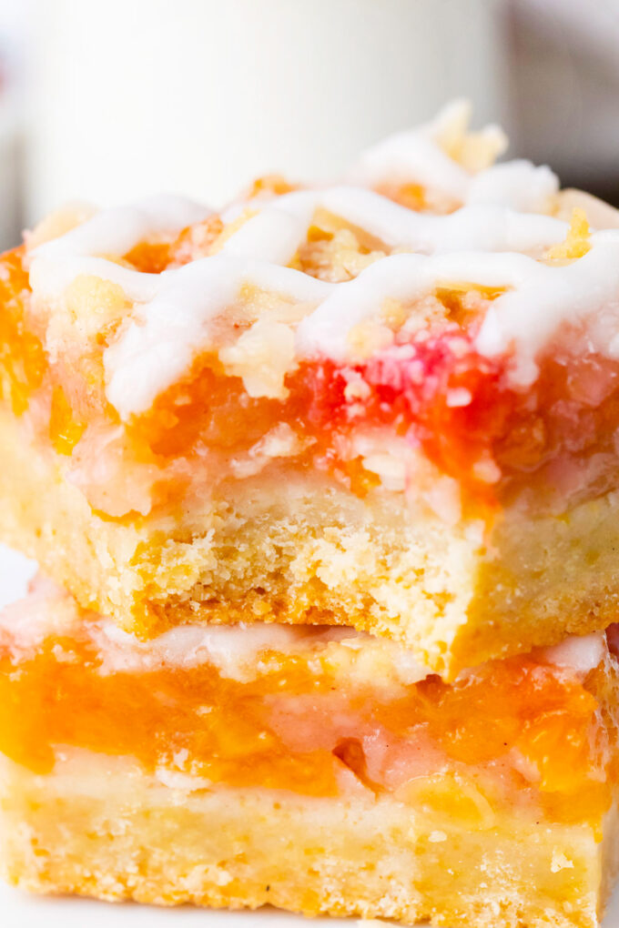 Peach crumb bars with a bite.