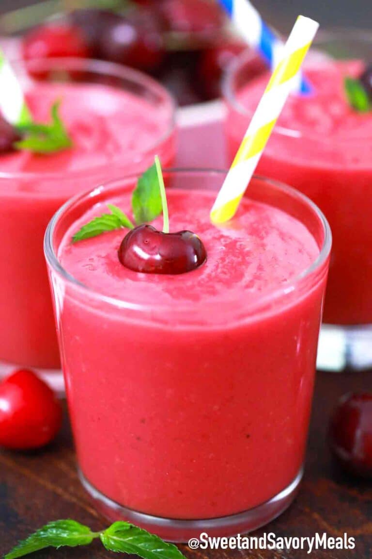 three glasses of pink cherry smoothie