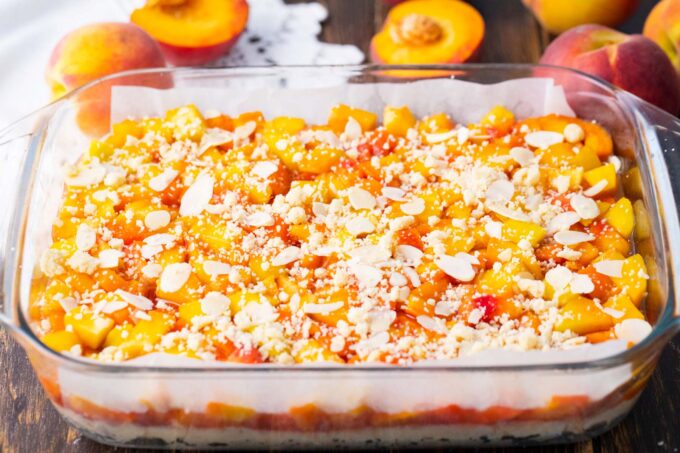 Peach crumb bars topped with slivered almonds.