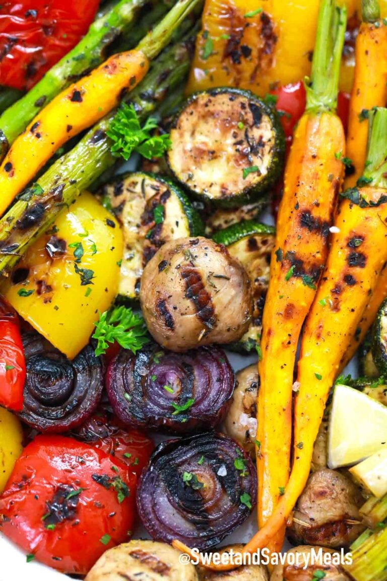 grilled mushrooms, carrots, bell peppers,, asparagus and red onions