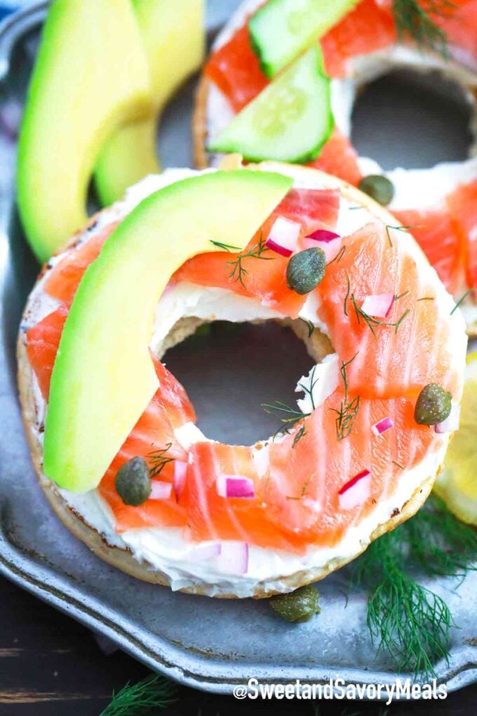 bagel with lox capers and avocado